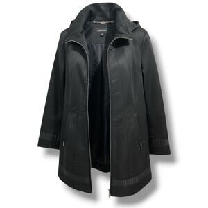 Jones New York Women’s Black Zip-Front Coat with Detachable Hood – Size Large